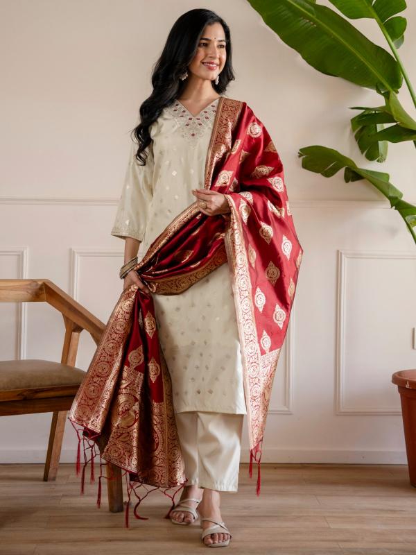 VP 9908 B Women’s Silk Emboidered Straight Kurta Pent Dupatta Sets | 3pcs Ethnic Set